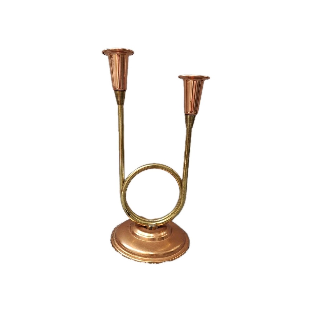 Vtg COPPERCRAFT Guild French Horn Copper/Brass Double Candlestick‎ Holder